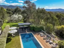 An aerial photo of the pool area at 215 Mt Buffalo