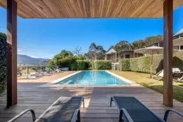 The undercover pool area at 215 Mt Buffalo Pool House. Family friendly and pet friendly accommodation in Porepunkah.