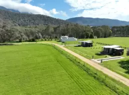 Aerial shot of Alpine Cottage and Feathertop Cottage at Dreaming of the Buckland, in the Buckland Valley